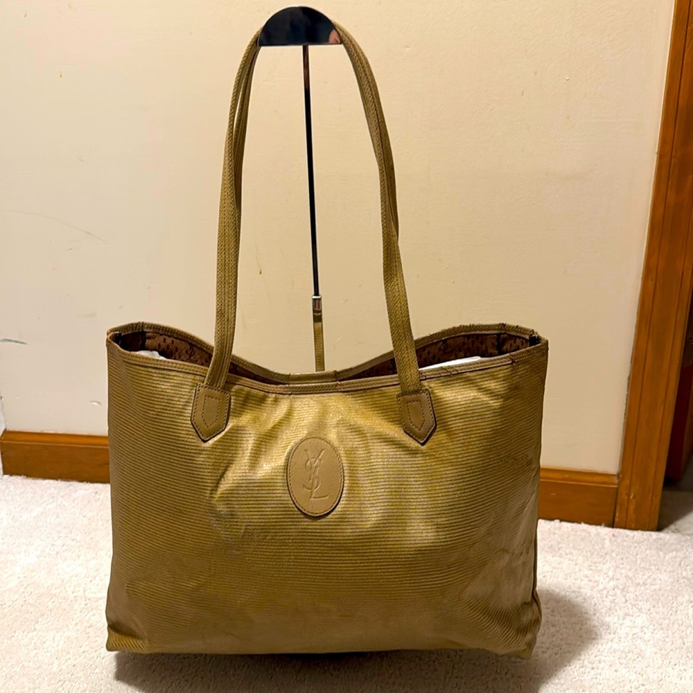 YSL YVES SAINT LAURENT TOTE BAG IN LIGHT GREENISH / LIGHT BRIWN COLOR EUC